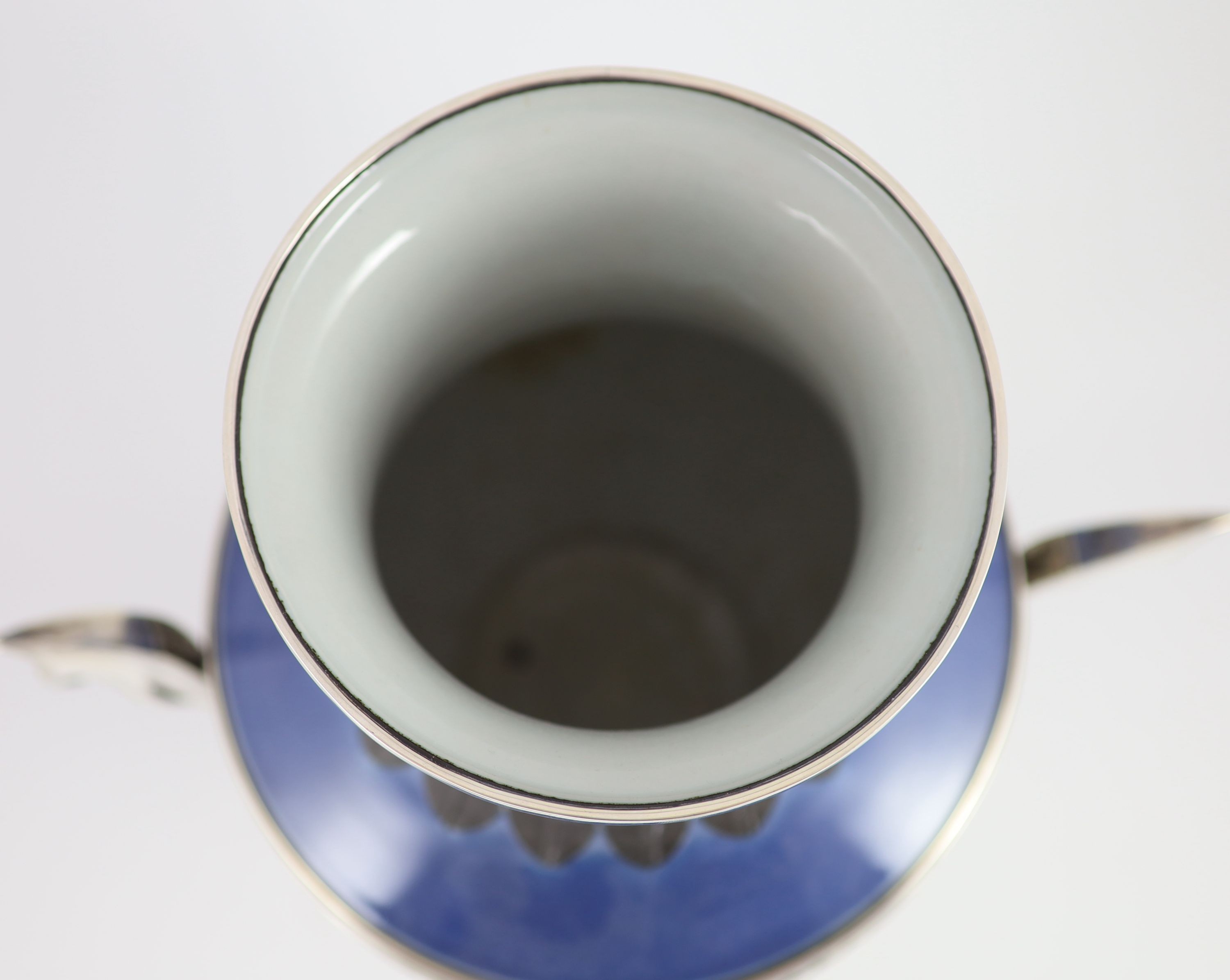 An unusual Chinese silver mounted blue glazed porcelain vase, early 20th century, 43 cm high